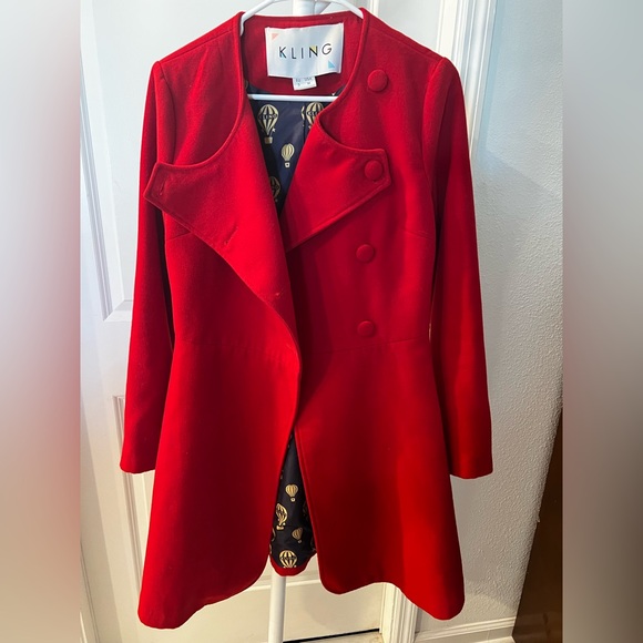 Kling Red Statement Flare Coat with Hot Air Balloon Lining Size Medium - Picture 3 of 8